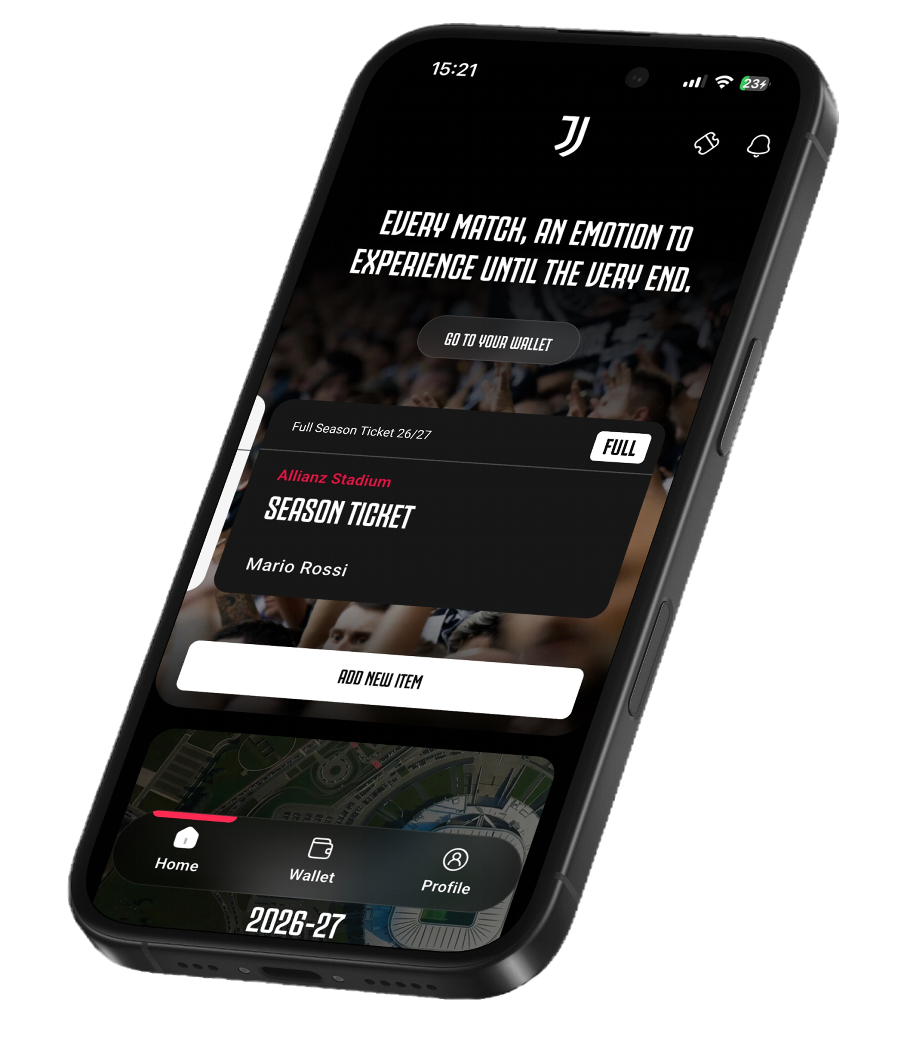 Smartphone with Allianz Stadium App open, 2026/27 season ticket screen