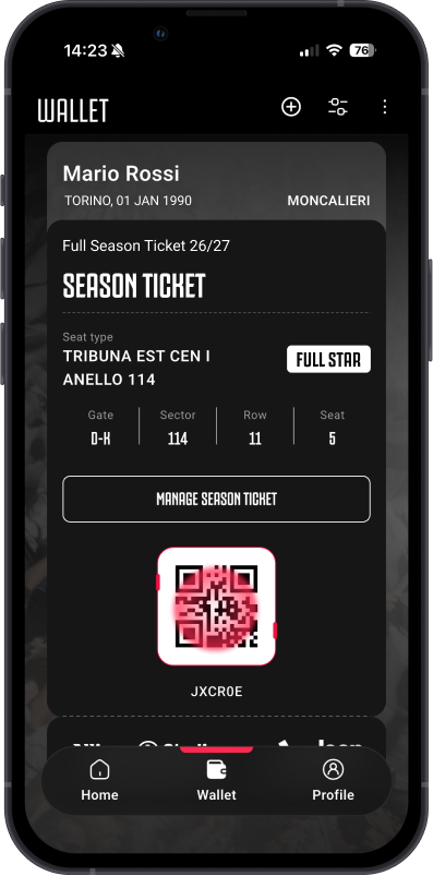 Juventus app Wallet with season ticket QR code and Allianz Stadium ticket management