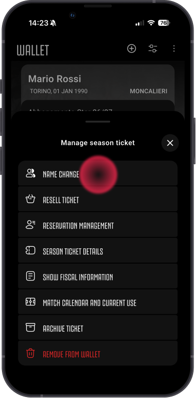 Juventus season ticket management menu with "Change holder name" option in the app
