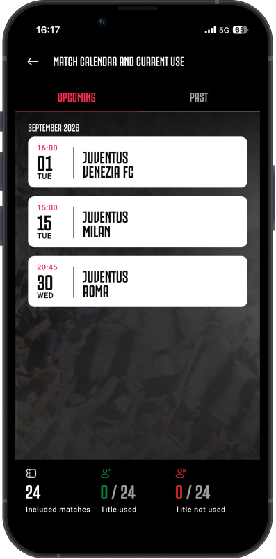 Juventus season ticket management menu with "Match calendar and usage" option in the app