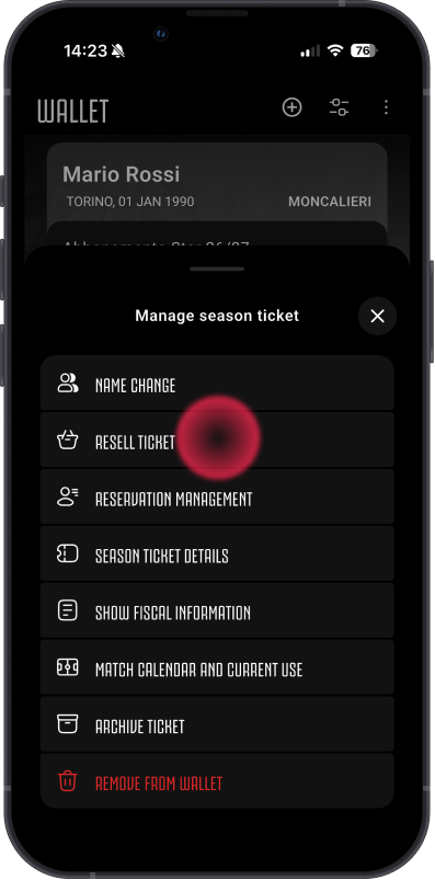 Juventus season ticket management menu with "Resell ticket" option in the app