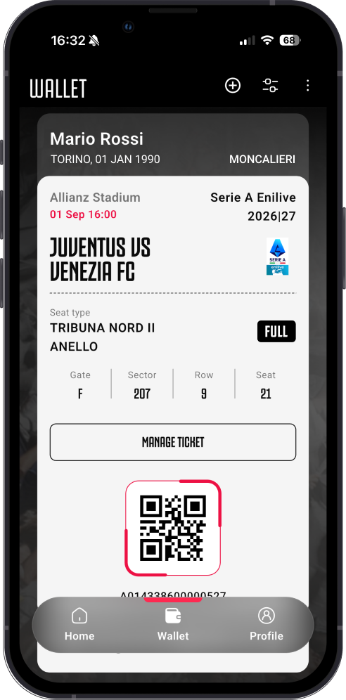 Ticket screen with QR code and NFC option in the app