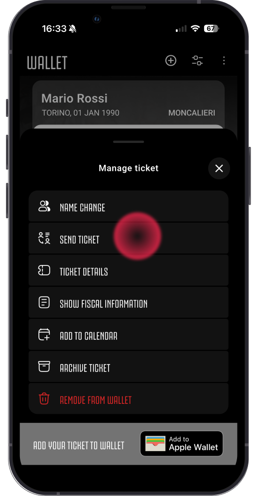 Screen for sending a ticket to another user