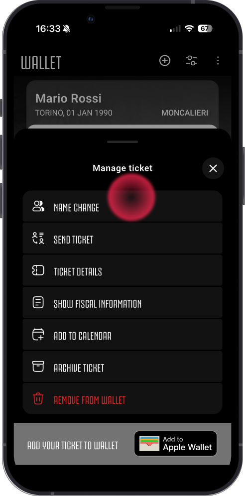 Screen for changing the user of a single ticket