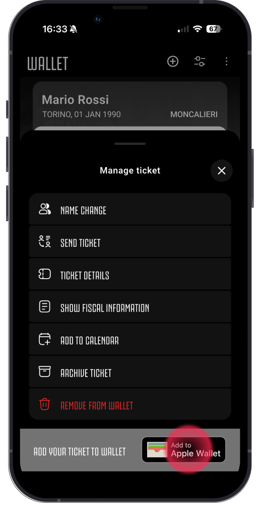 Screen for adding a ticket to the device's wallet