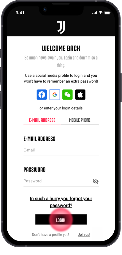 Allianz Stadium App login screen with sign-in via email or social profiles