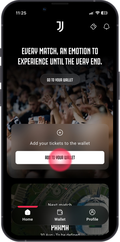 App home screen with button to add tickets to the wallet