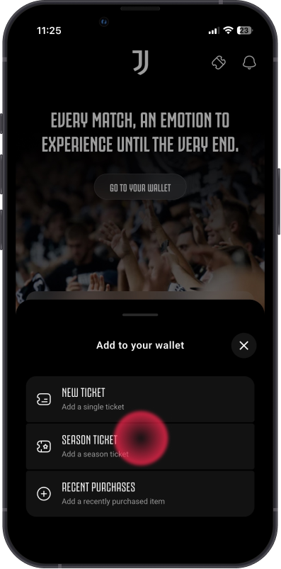 Screen for selecting the type of ticket to add: single ticket, season ticket, or recent purchases