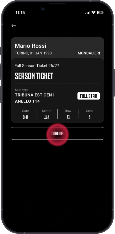 Season ticket summary screen with seat details before confirmation