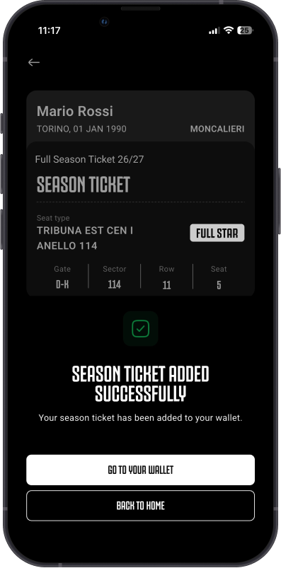 Confirmation screen showing the season ticket successfully added to the wallet
