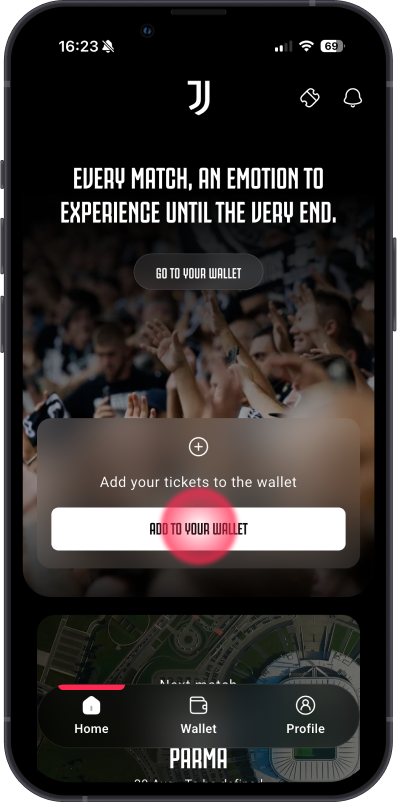 Juventus app home with button to add ticket to the wallet