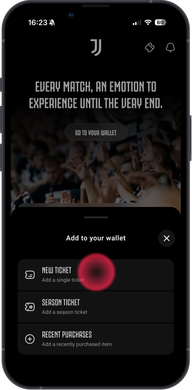 "New Ticket" selection screen in the Juventus app