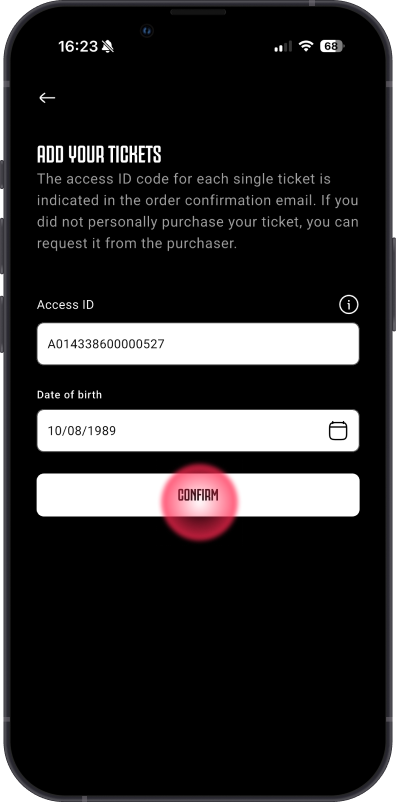 Entering the Juventus ticket Access ID and date of birth in the app