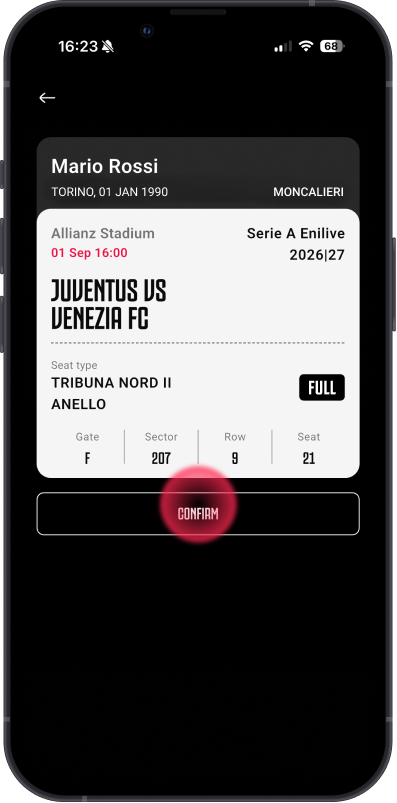 Juventus ticket summary with match and seat details before confirmation