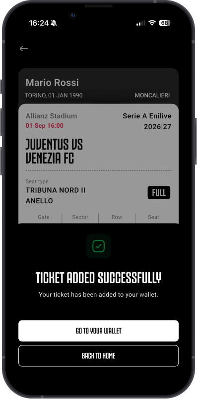 Confirmation of the Juventus ticket successfully added to the wallet